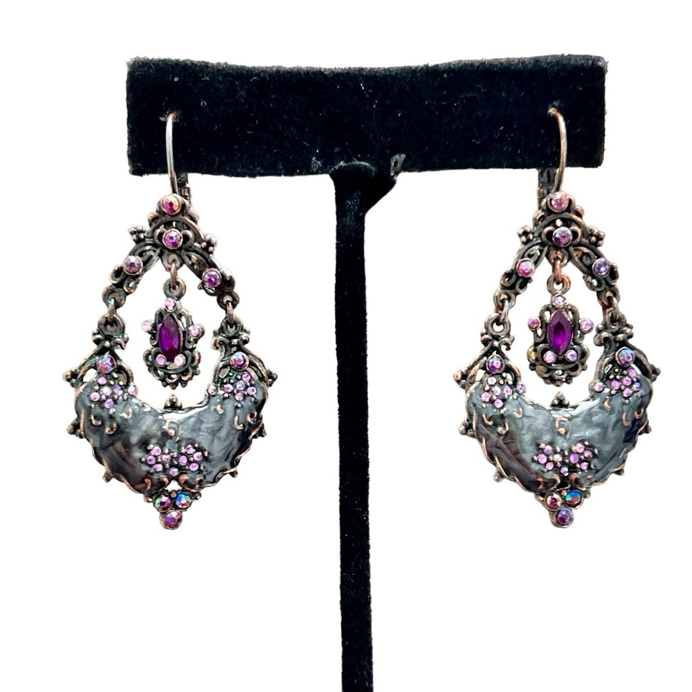 GRAY ENAMEL AND PURPLE CRYSTAL DROP EARRINGS